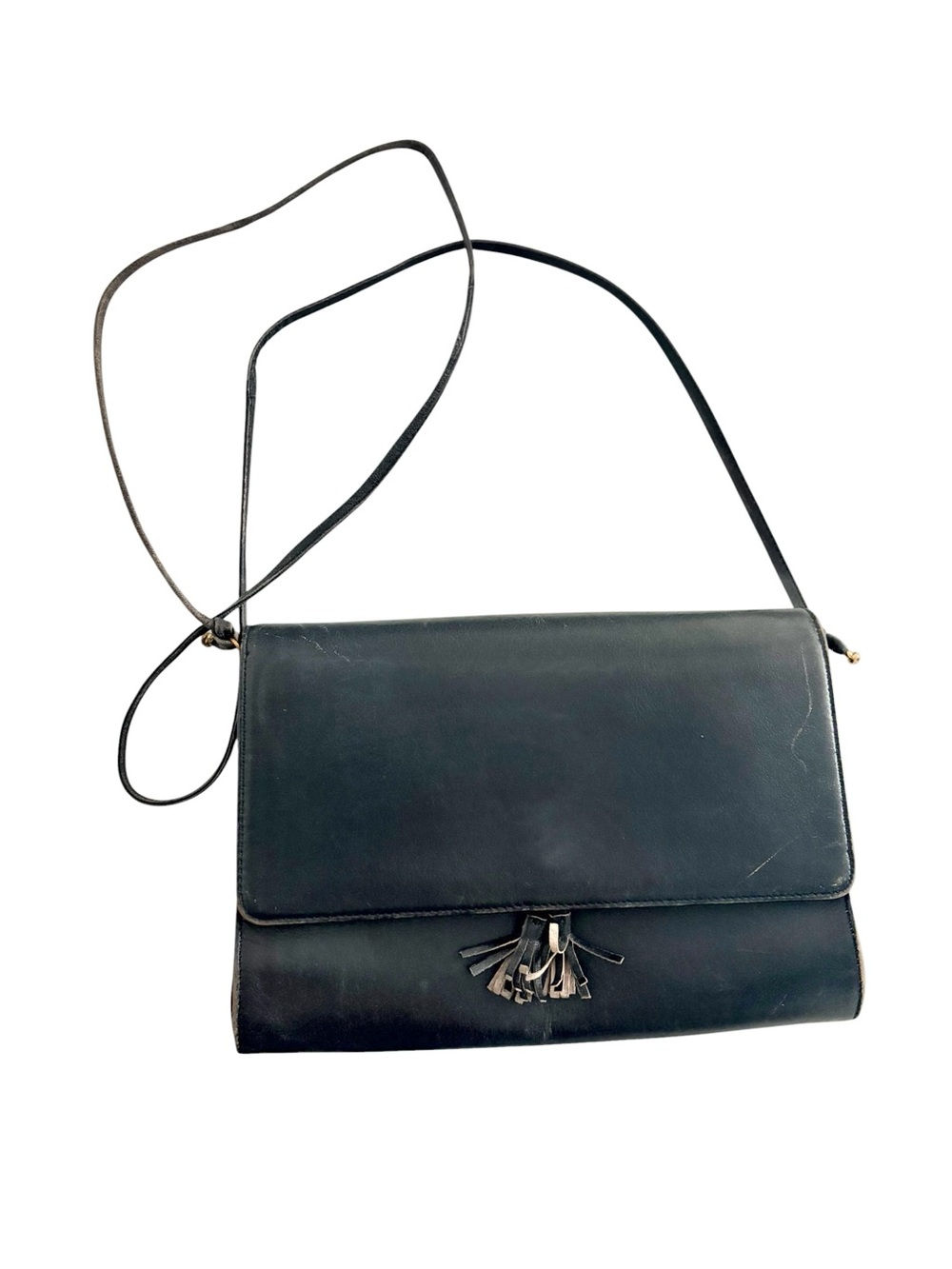 Vintage Koret Handbag Black Leather Crossbody Bag with Tassel Accent